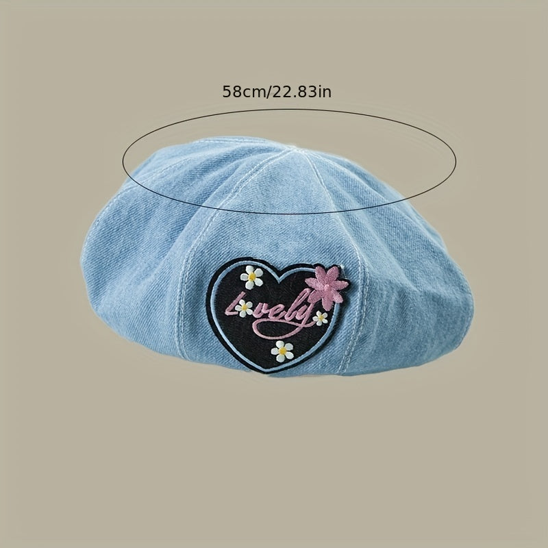 Lucky Heart Patch Beret Vintage Embroidery Washed Denim Painter Cap