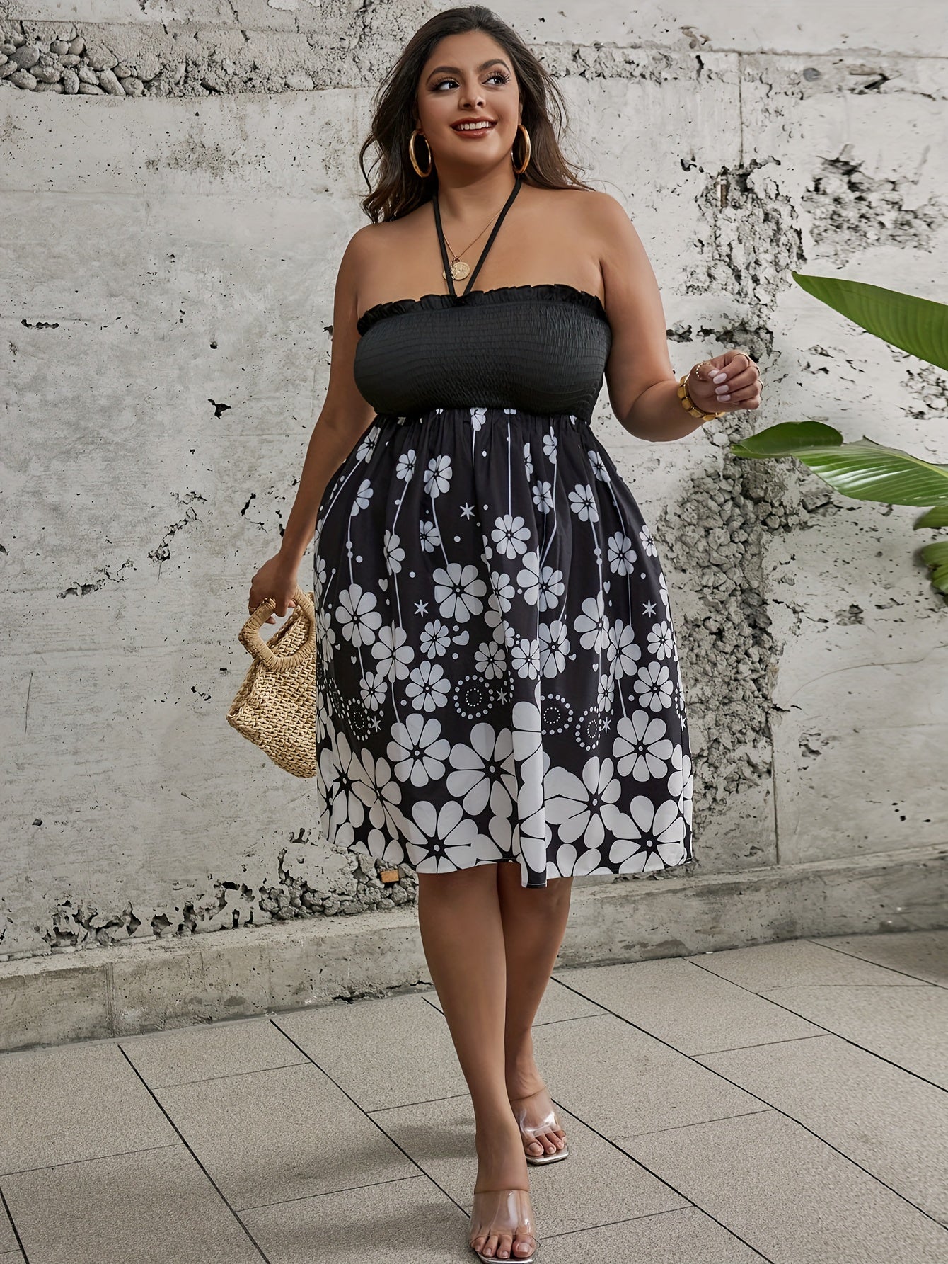  Boho Dress Women's Plus Floral Print Ruffle Trim Halter Neck Dress
