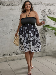  Boho Dress Women's Plus Floral Print Ruffle Trim Halter Neck Dress
