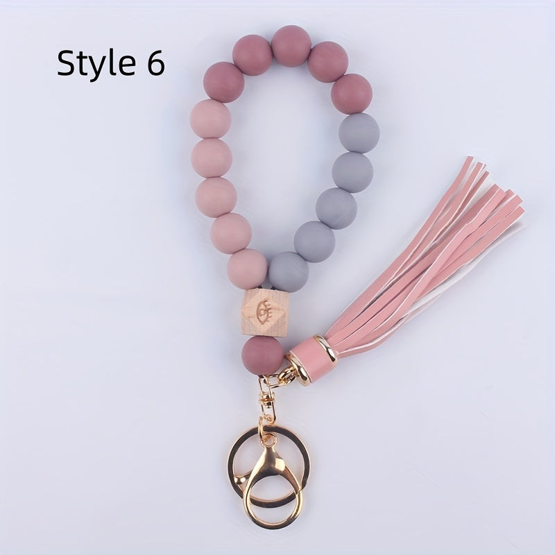 Silicone Beaded Bracelet Keychain Bangle Keyring Pendant Bag Charm