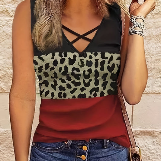  Colorblock Leopard Print Criss Cross V-Neck Tank Top