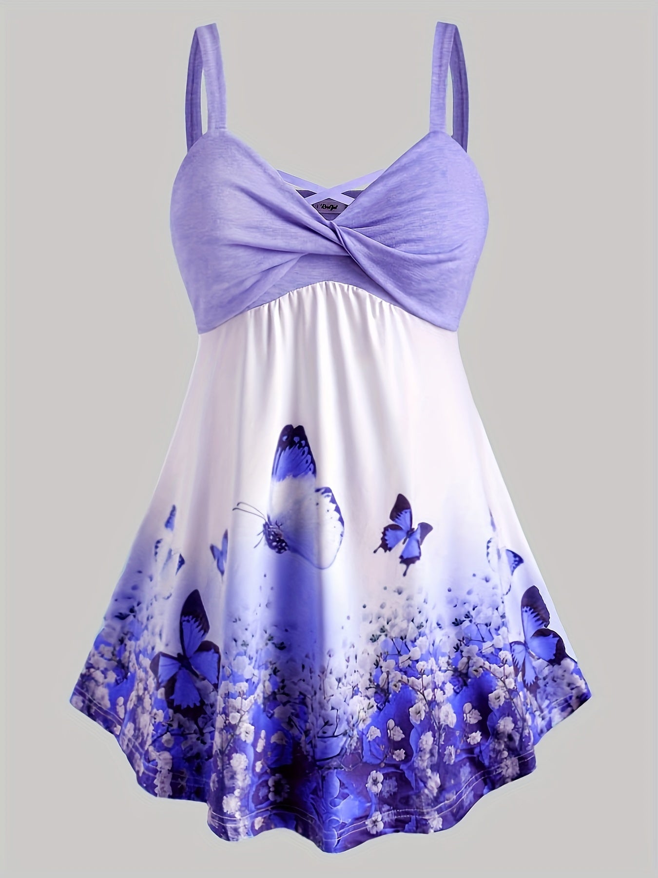 Butterfly Print Sleeveless Cami Top Criss Cross V Neck Cami Top