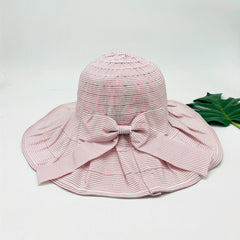 Striped Bucket Hat Wide Brim Bowknot Decor UV Protection Travel Beach Hat