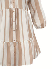  Stripe Print Lantern Sleeve Button Up Smock Dress