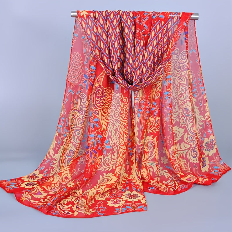 Peacock Print Chiffon Silk Shawl Women Scarf