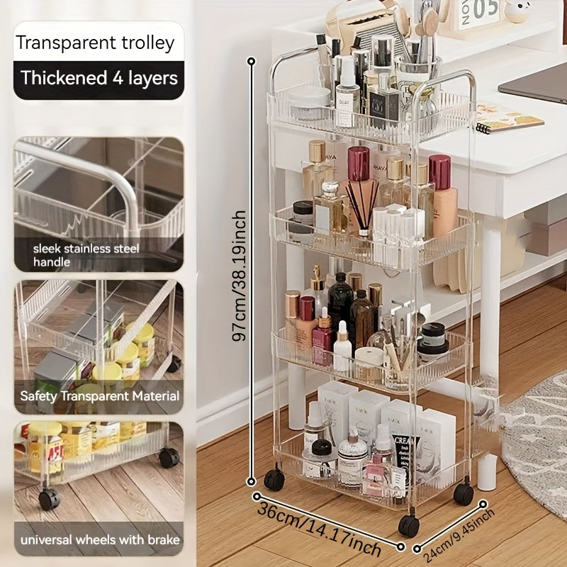 3-4 Tier Clear Utility Cart Rolling Organization Cart With Handle And Wheels