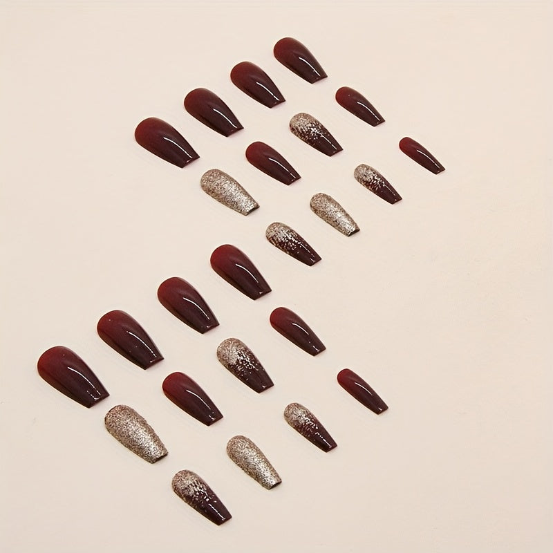 24pcs Golden Glitter Square Press On Nails, Acrylic Wine Red for Bridal Wedding