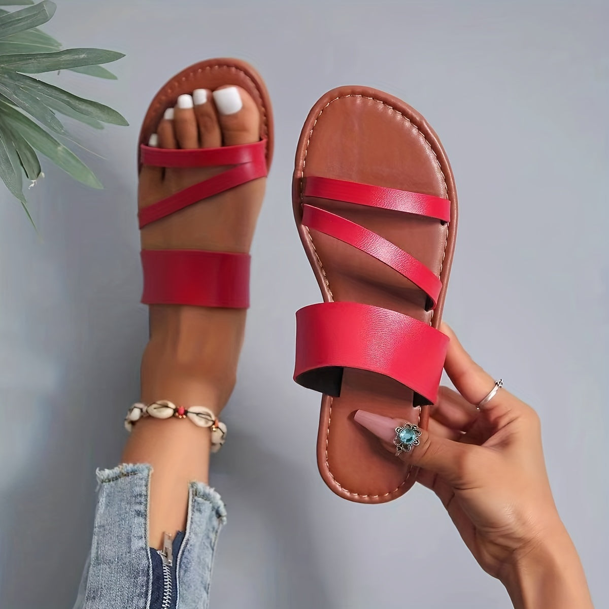 Women's Casual Flat Slides Open Toe Faux Leather Slide Sandals