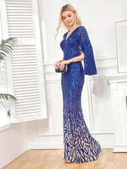 Sequined Bridesmaid Dress V neck Floor Length Dress
