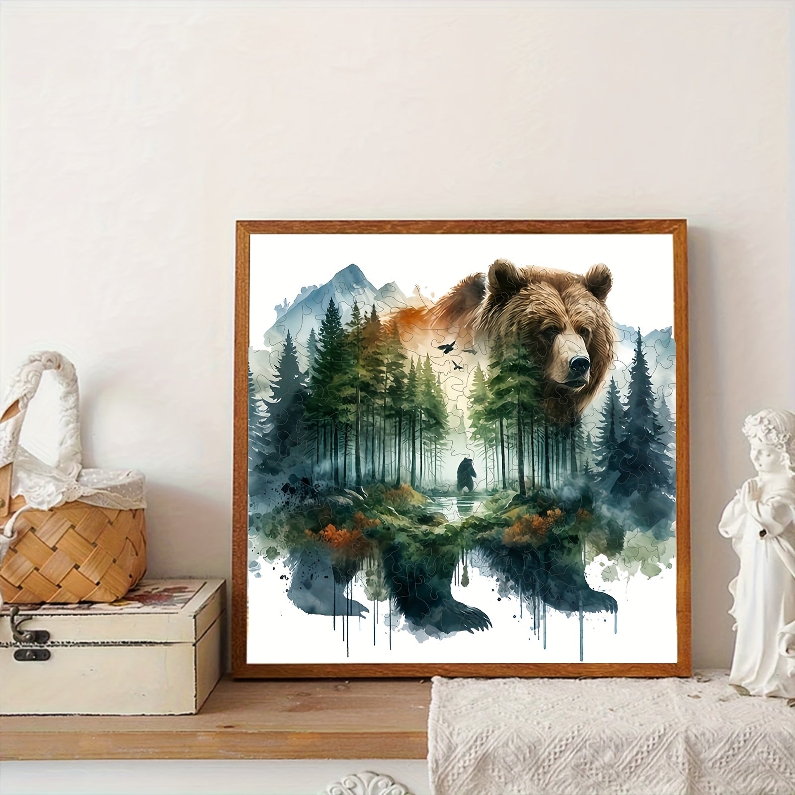 Enchanted Forest Bear Wooden Jigsaw Puzzle Animal Shaped Challenging for Adults