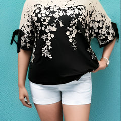  Colorblock Floral Print Tie Sleeve Blouse