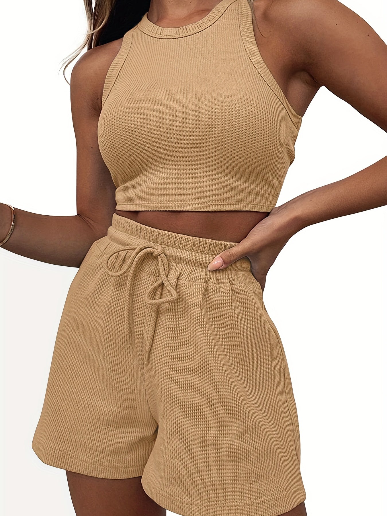 Rib Knit Crop Top & Drawstring Shorts Set, Casual Sports Suit