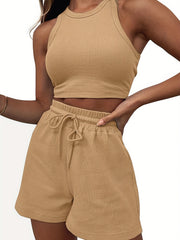 Rib Knit Crop Top & Drawstring Shorts Set, Casual Sports Suit