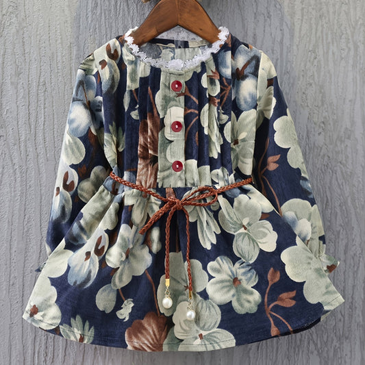 Vintage Lace Up Single Breasted Dress With Floral Print For Kids