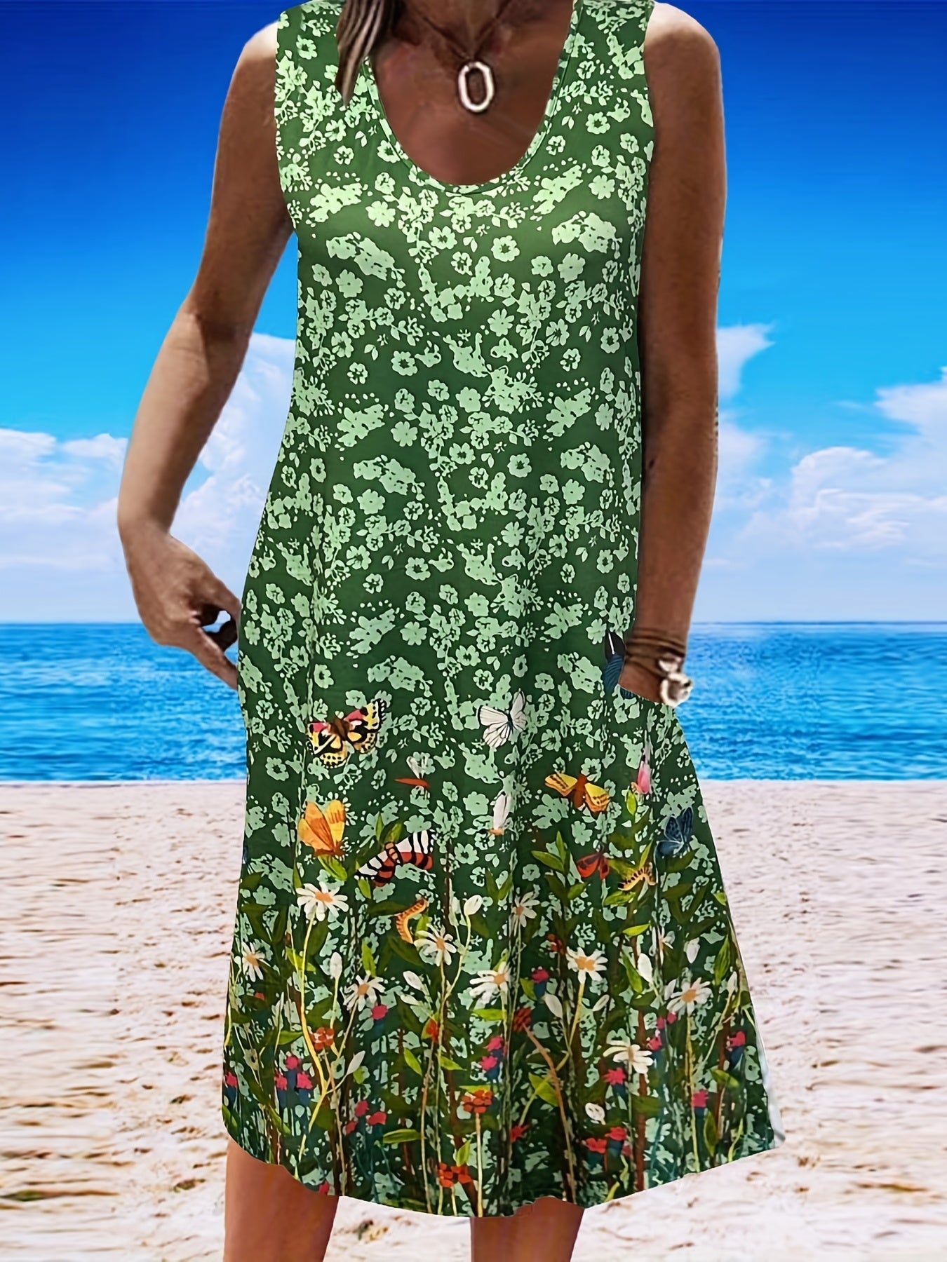 Floral Print Tank Dress, Plus Size with Pockets