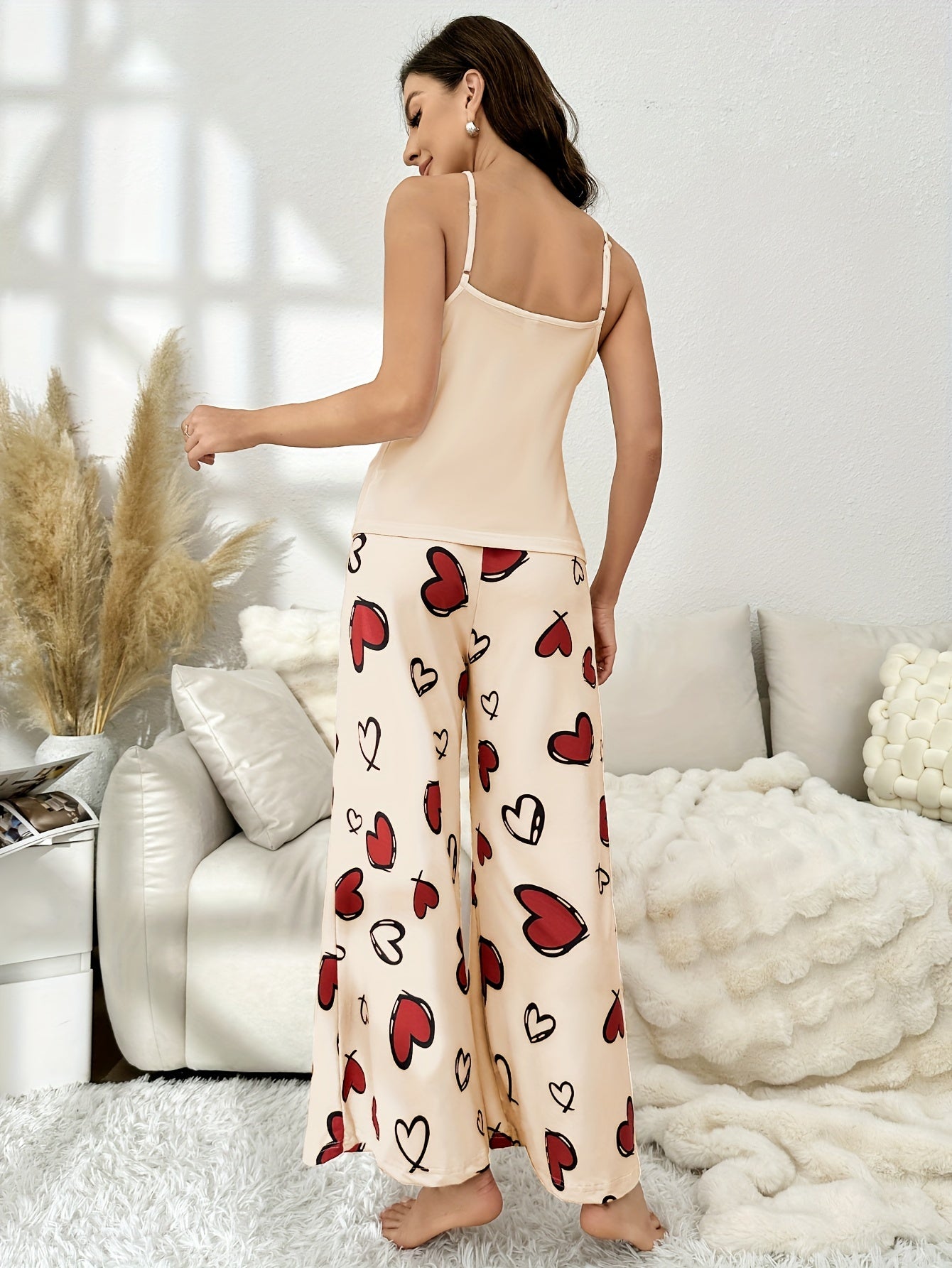 Heart Print Pajama Set Crew Neck Cami Top & Pants