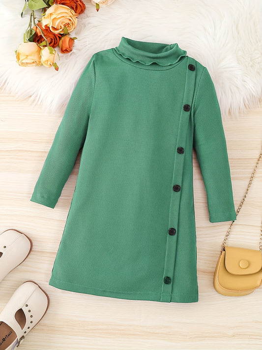 Girls' Turtleneck Side Button Decor Long Sleeve Sweater Dress
