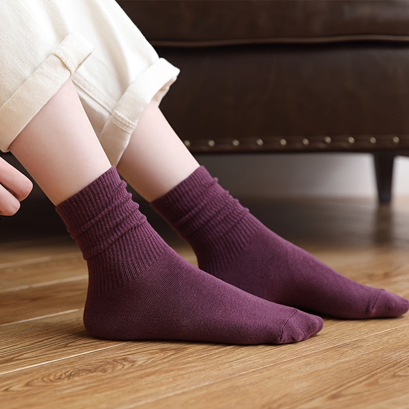 5 Pairs Warm Mid Tube Women's Solid Socks Comfy Stockings