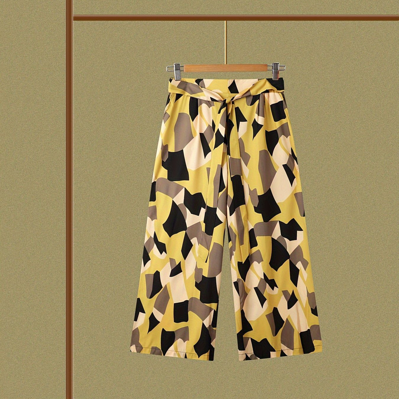 Colorblock Geometric Print Belted High Rise Wide Leg Pants