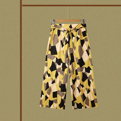 Colorblock Geometric Print Belted High Rise Wide Leg Pants
