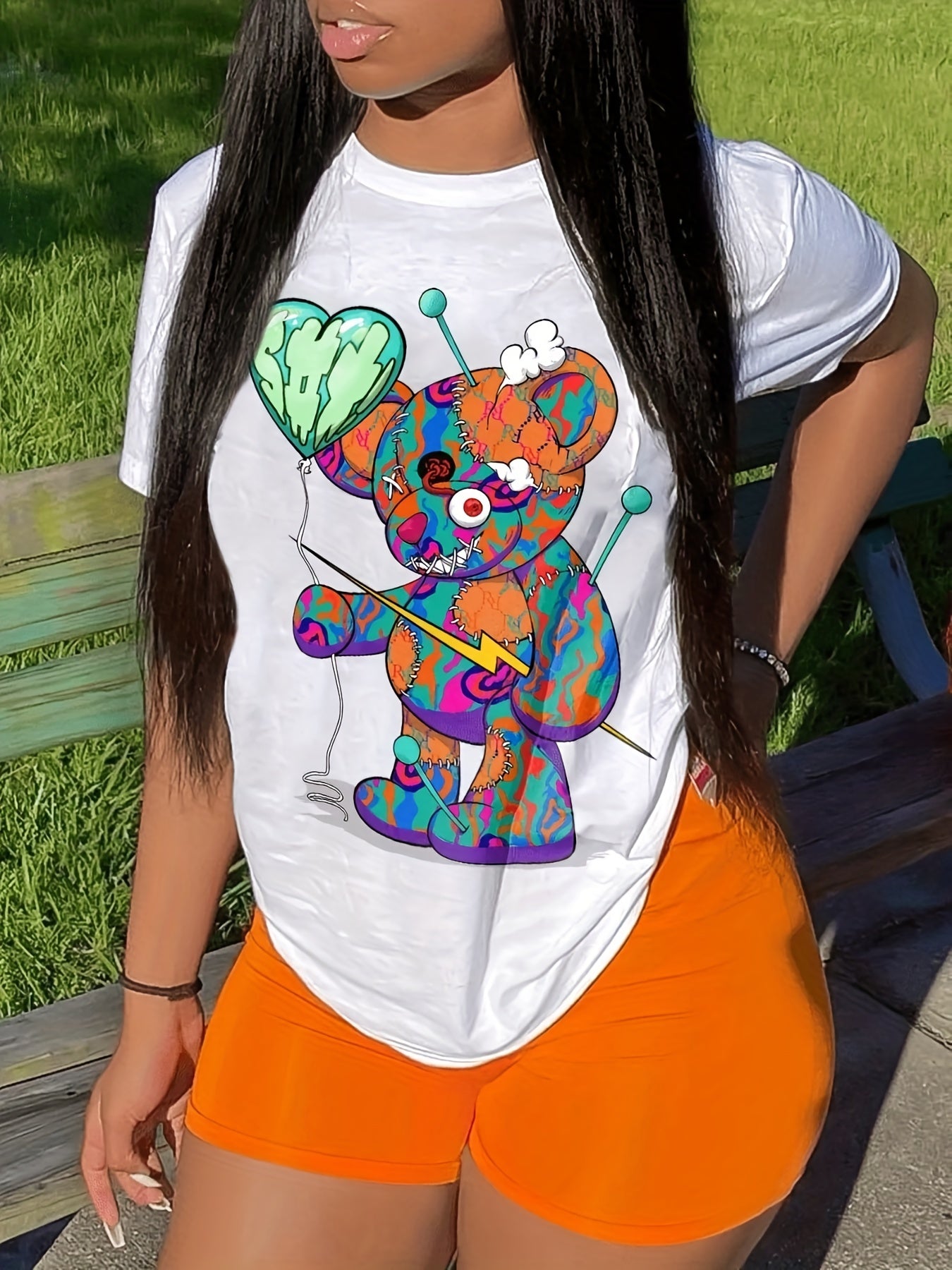  Colorblock Bear Print Crop Top & Shorts Set