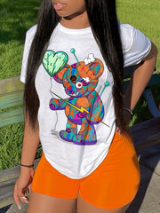  Colorblock Bear Print Crop Top & Shorts Set
