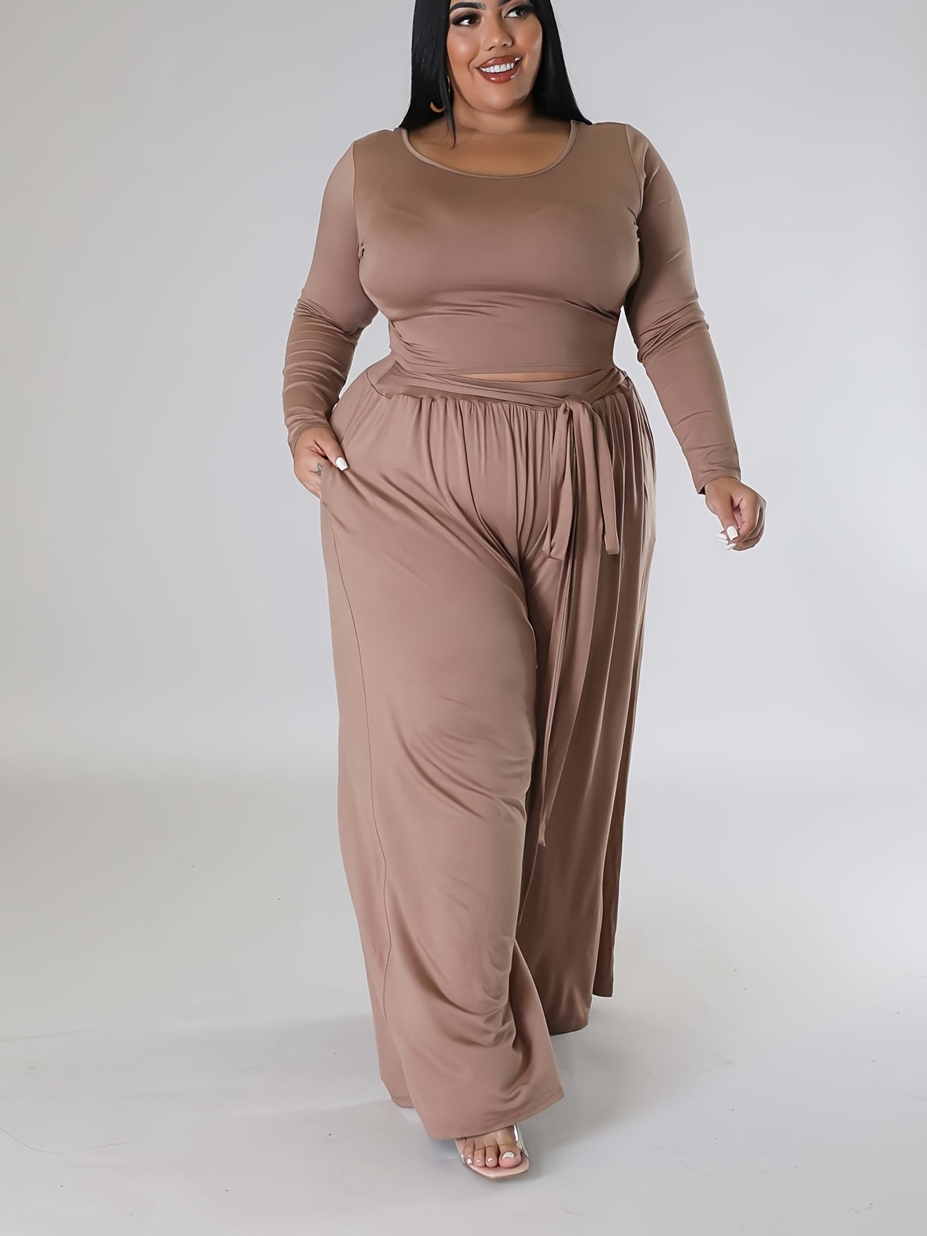 Plus Solid Long Sleeve Round Neck Crop Top & Belted Wide Leg Pants Outfit Set