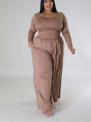 Plus Solid Long Sleeve Round Neck Crop Top & Belted Wide Leg Pants Outfit Set
