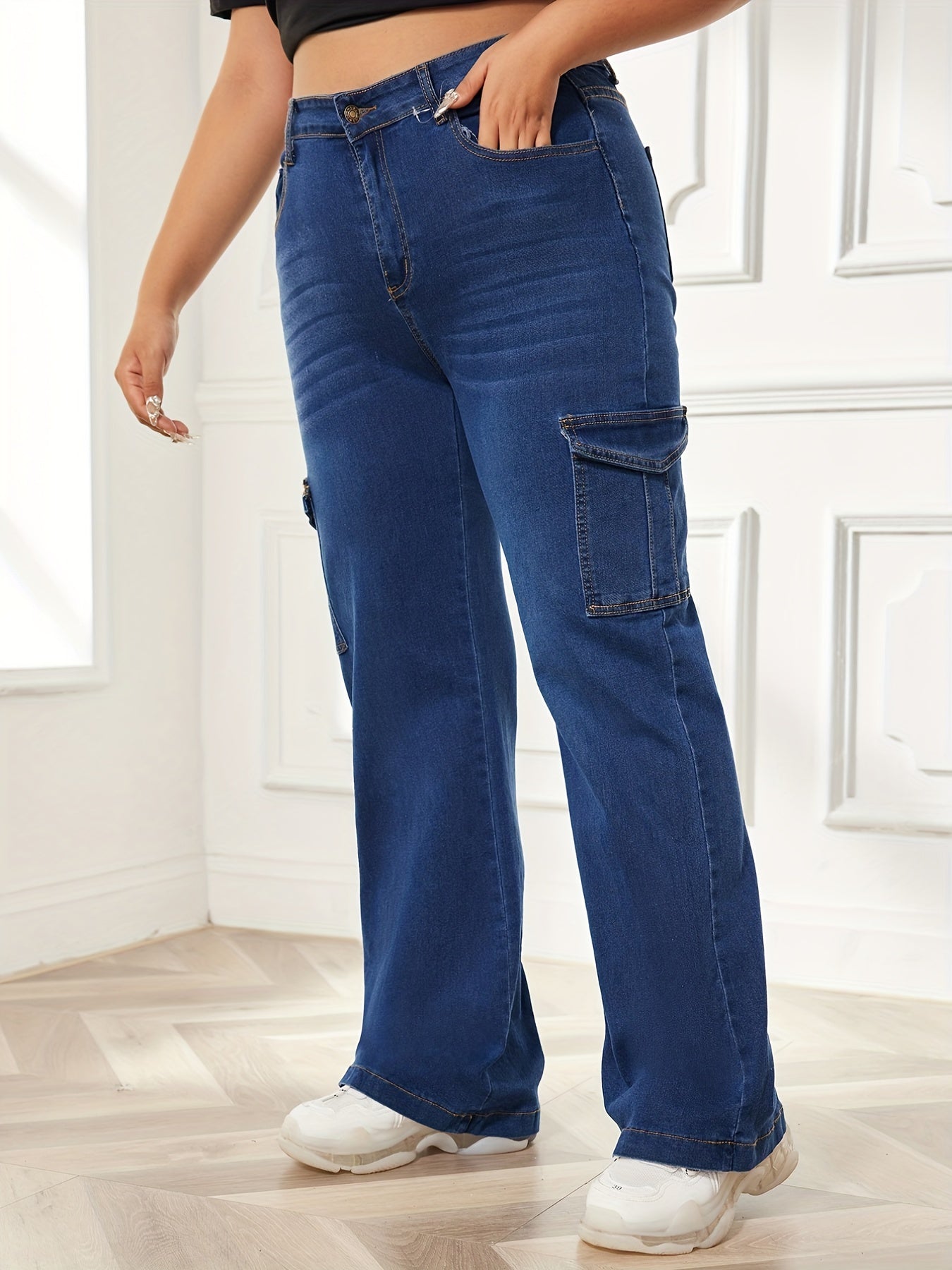 Women's Plus Solid High Rise Cargo Jeans - Button Fly Straight Leg