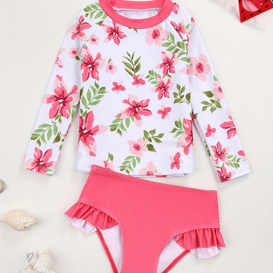 Toddler Girls Bikini Tankini Swimsuit Floral Long Sleeve Top & Ruffle Shorts Set