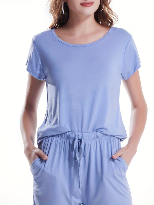 Solid Lounge Set Crew Neck Top & Lace Up Shorts Women's Loungewear