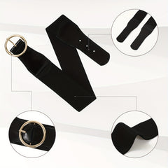 Wide PU Belt with Round Buckle Elastic Waistband