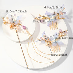 Flower Tassel Hairpin Earrings Hanfu Headwear Set