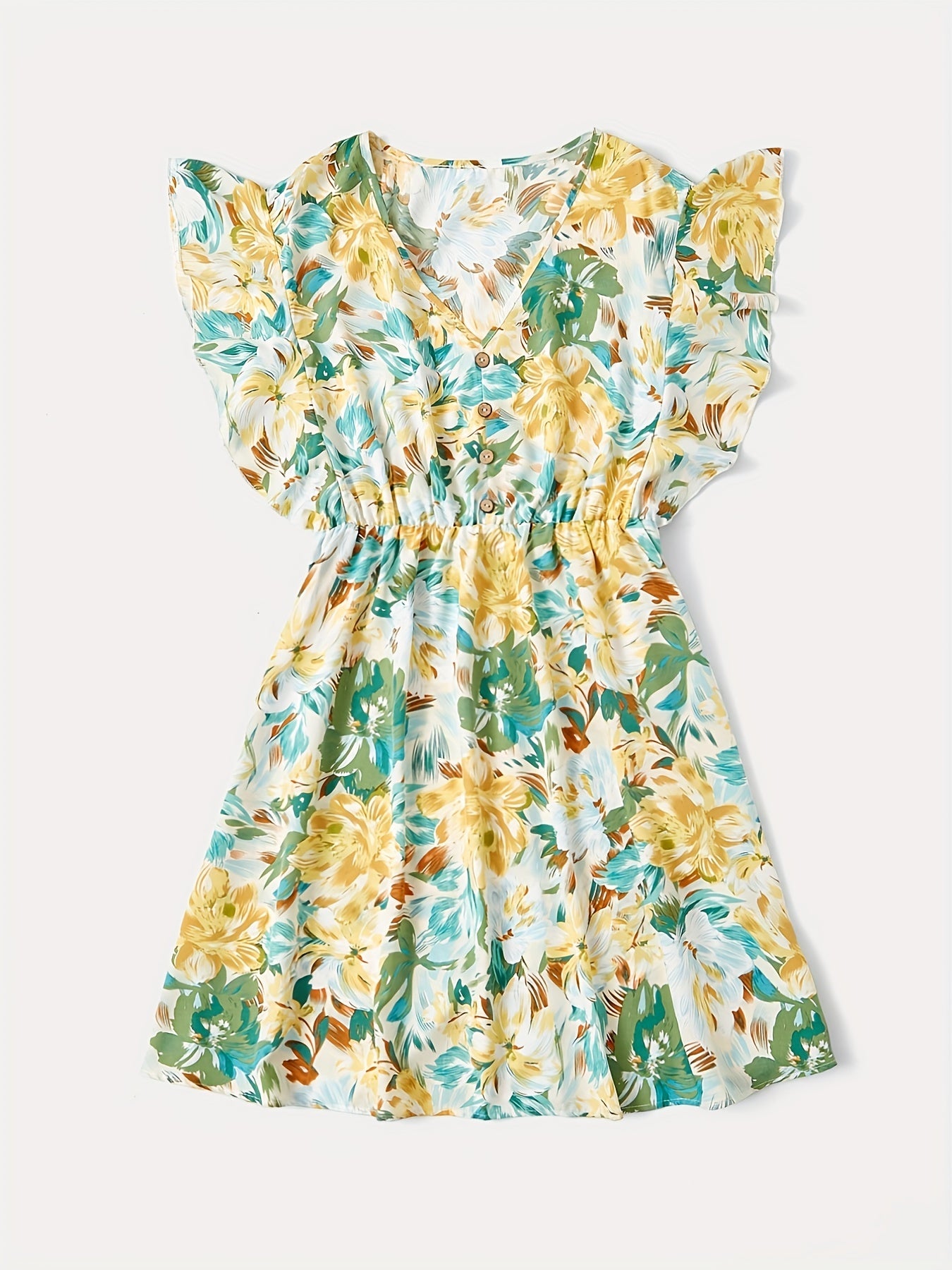  Floral Print Ruffle Sleeve V Neck Dress