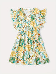  Floral Print Ruffle Sleeve V Neck Dress