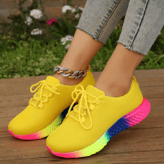 Women's Rainbow Thick Sole Running Shoes Flying Woven Lace Up Sneakers