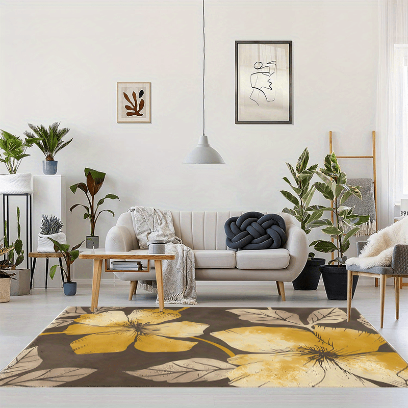 Yellow Large Pattern Area Carpet Machine Washable Non Slip Floor Mat