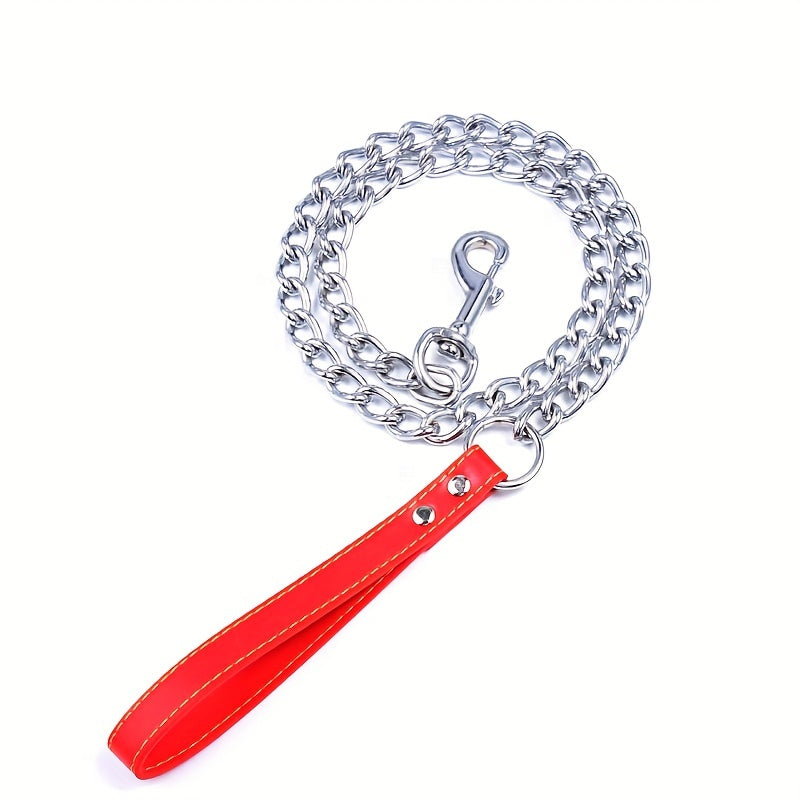 Metal Chain Dog Lead with Leather Handle - Training Leash for Indoor Outdoor