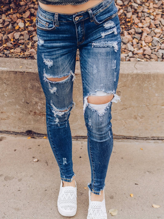  Retro Jeans Women's Plus Button Fly Cut Out Ripped High Stretch
