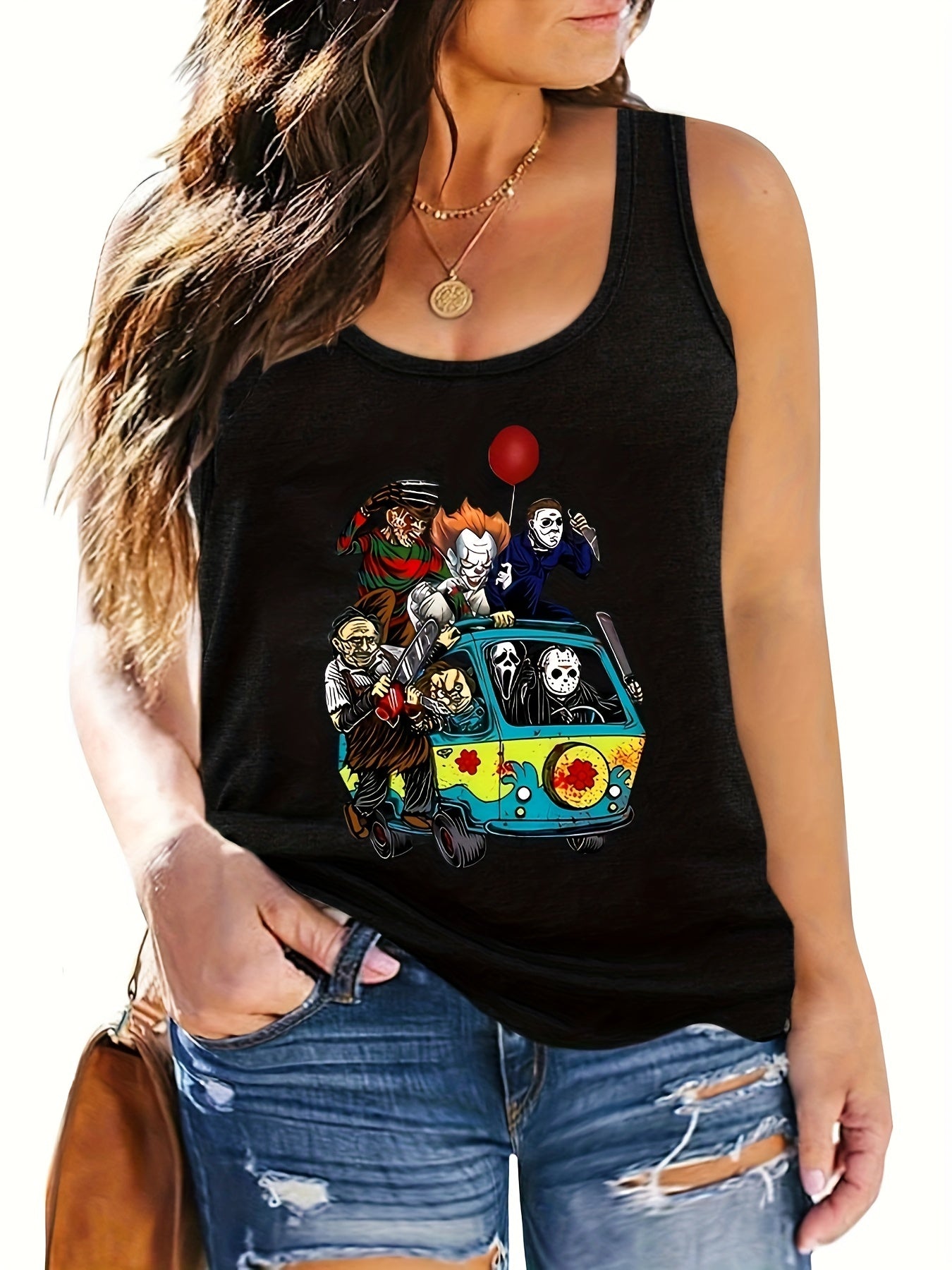  Halloween Tank Top Women's Plus Horror Cartoon Figure Print Tank Top
