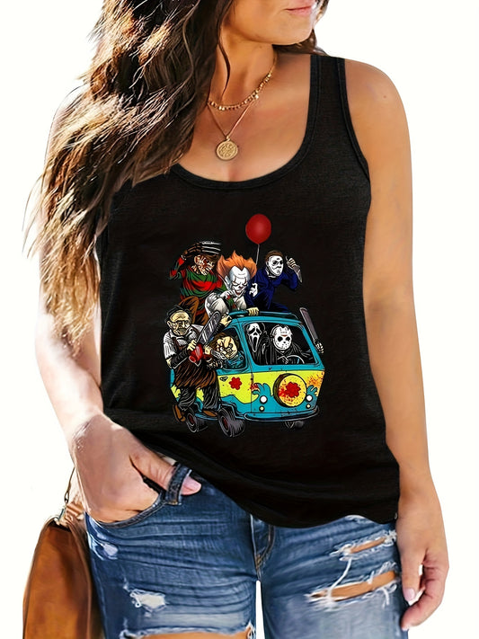  Halloween Tank Top Women's Plus Horror Cartoon Figure Print Tank Top