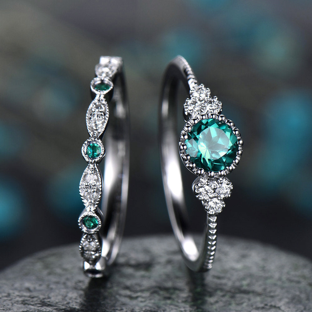 Round Cut Zircon Couple Rings 2 Pcs Set