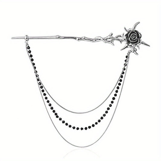 Metal Flower Hairpin With Chain Tassel Rose Hair Pin Back Head Hair Stick