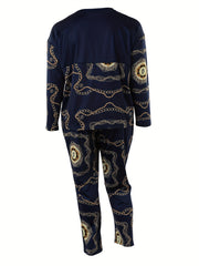  Geometric Print 2pcs Set, Long Sleeve Tops & Pants