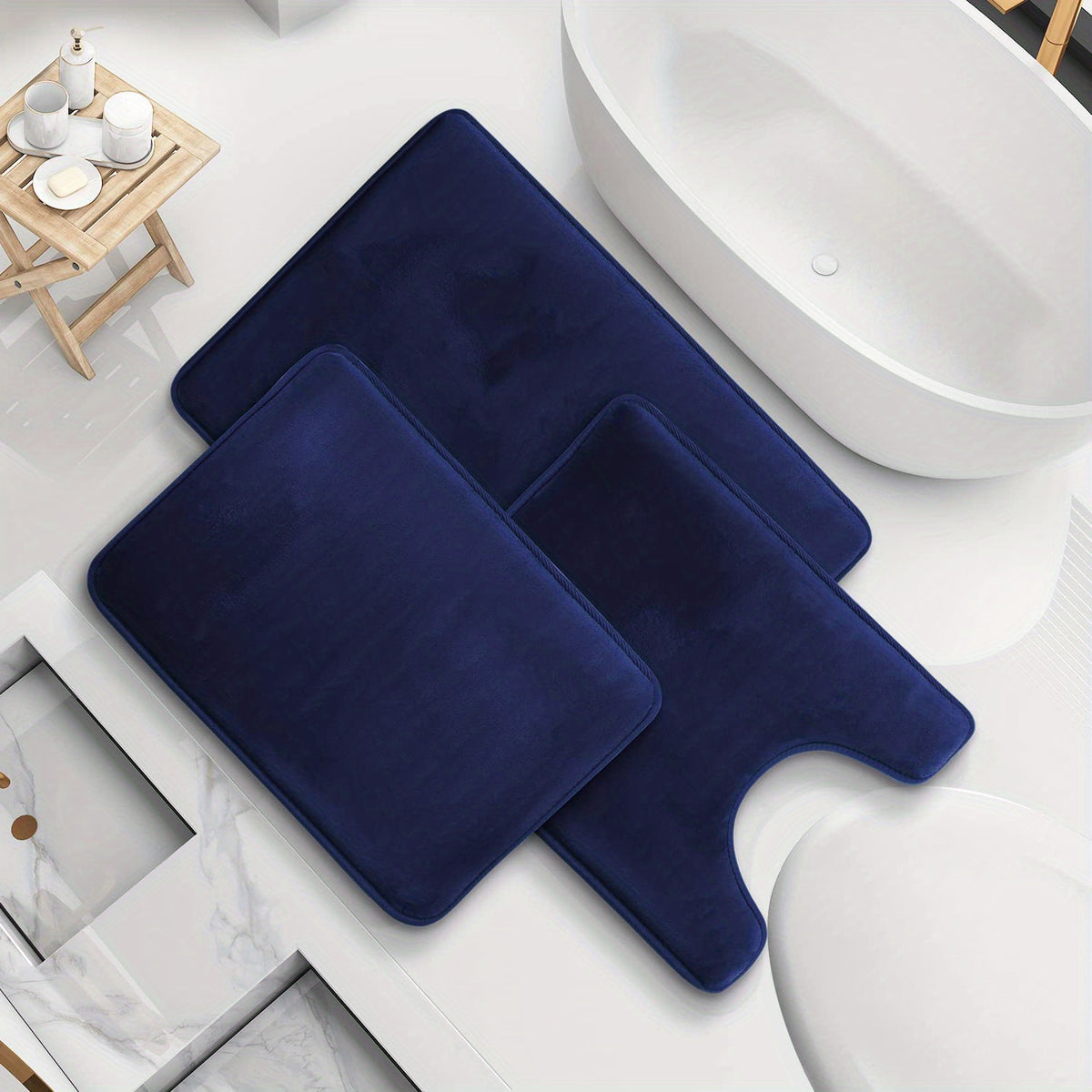 3pc Navy Bathmat Set Non Slip Bathroom Rug Cozy U Shape Mat Toilet Lid Cover Pad