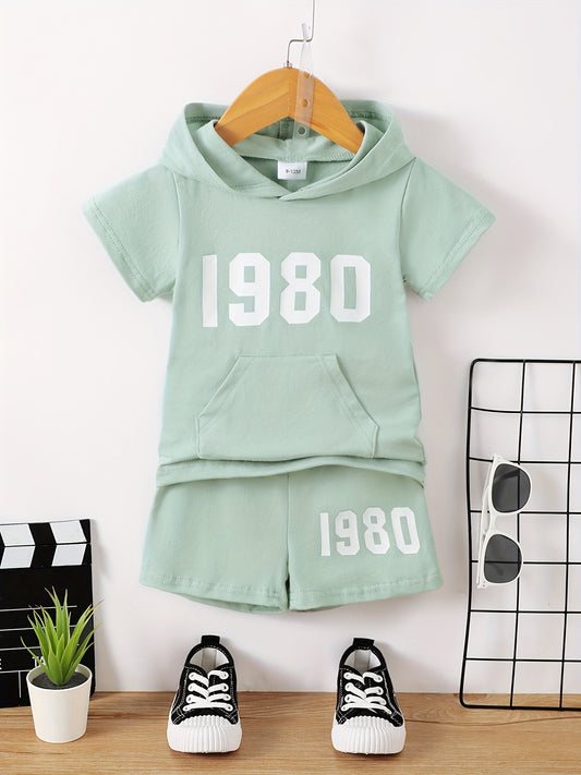 2pcs Baby Boys Number Graphic Hooded T shirt & Shorts Set for Summer