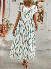  Leaf Print Maxi Dress Short Sleeve Square Neck Medium Stretch