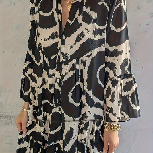  Casual Dress Random Print Button Up Bell Sleeve V Neck Smock Dress