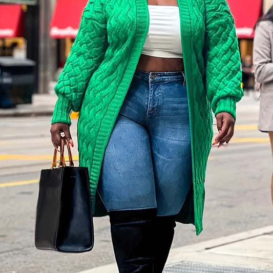  Solid Cable Knit Long Sleeve Open Front Cardigan