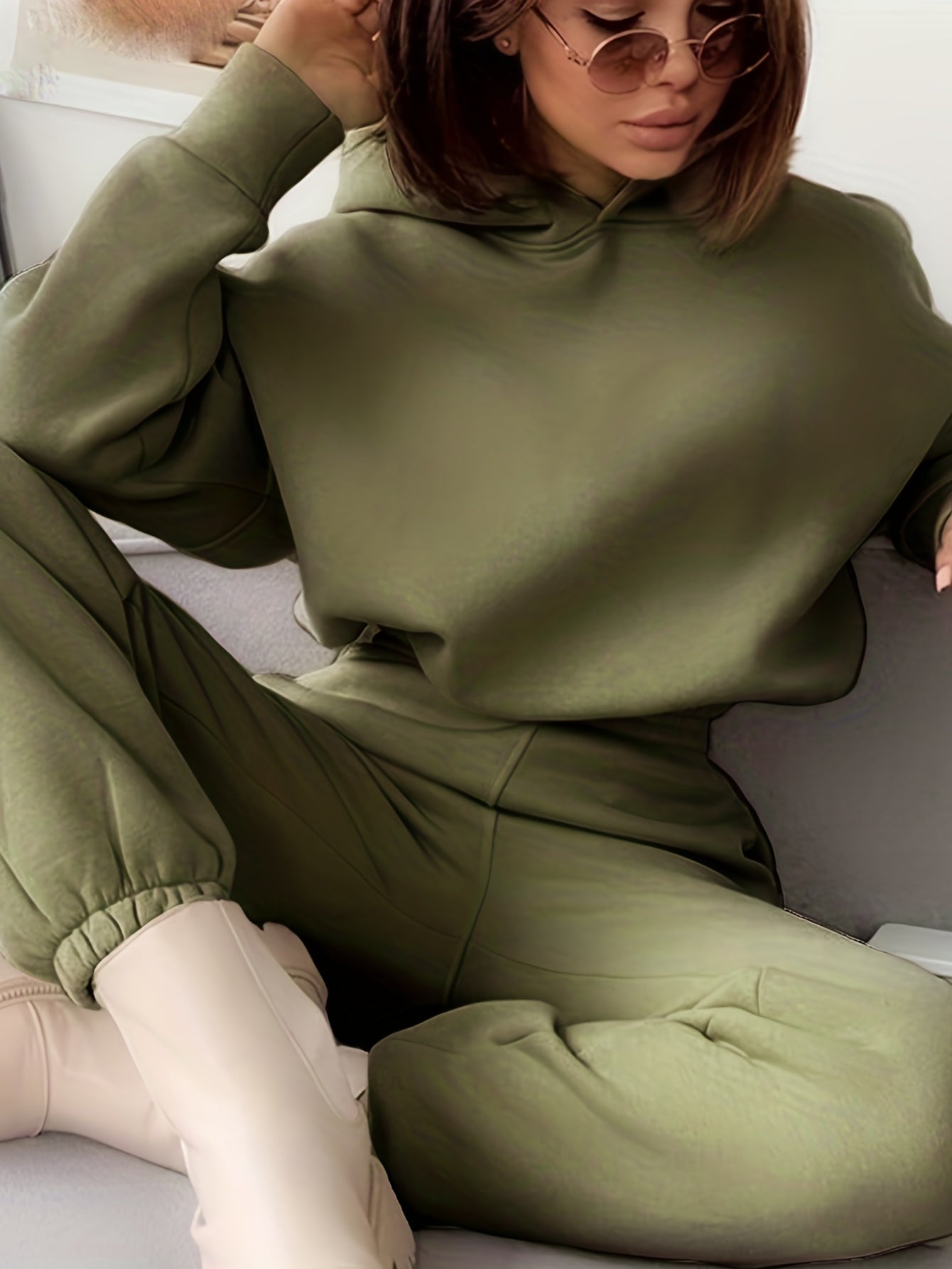 Solid Hoodie & Jogger Pants Set, Women's Clothing